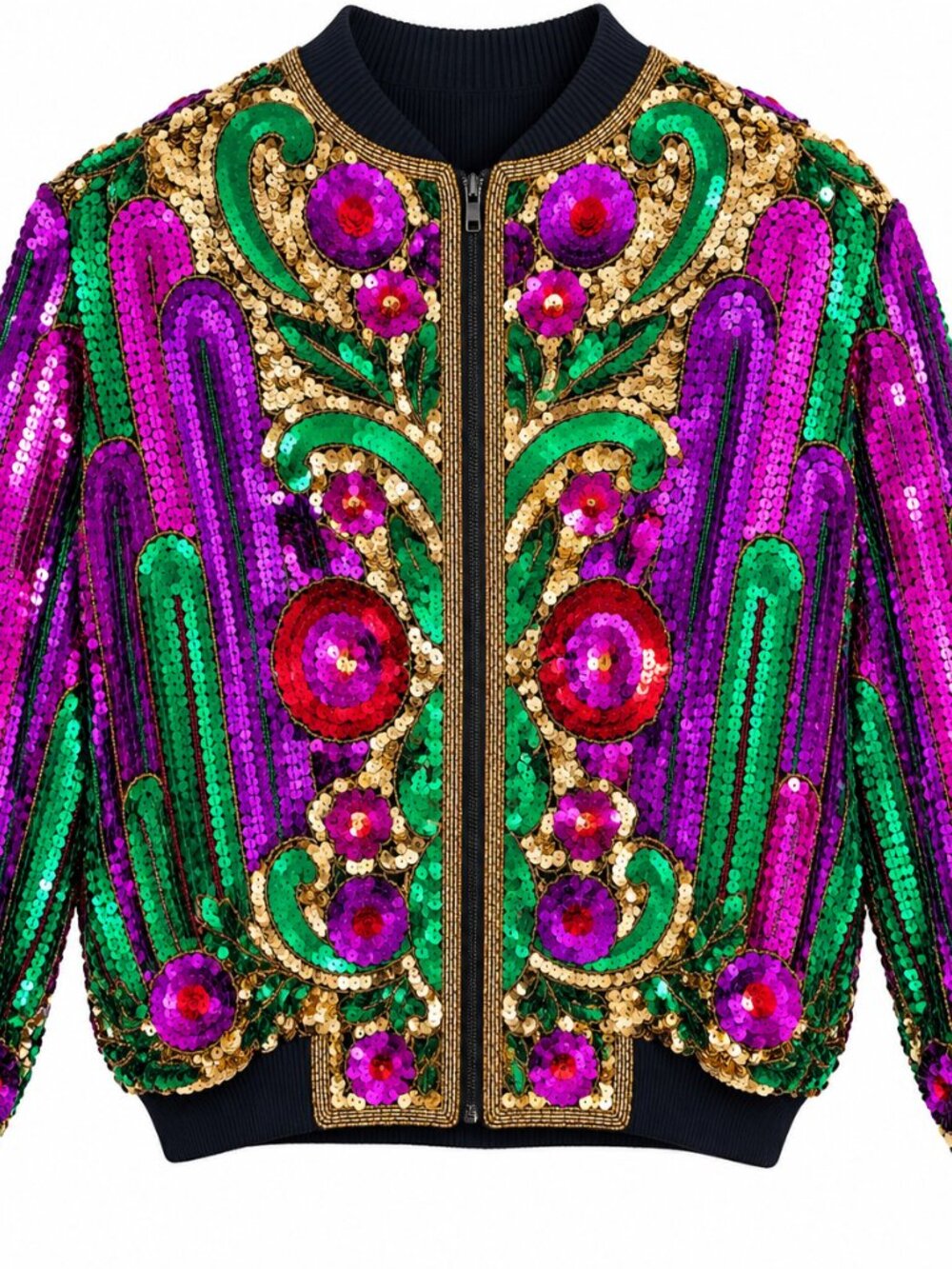 Vintage Carina XL 100% Silk Sequin Beaded Bomber Jacket